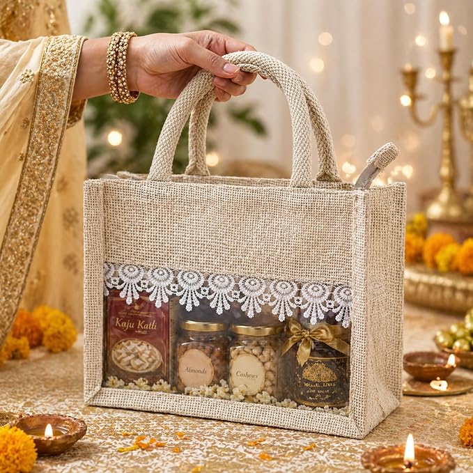 premium jute hamper bag with lace detail & transparent window, natural beige gift tote for wedding return gifts, bridal shower, baby shower, festive packaging, reusable eco friendly carry bag premium jute hamper bag with lace detail & transparent window, natural beige gift tote for wedding return gifts, bridal shower, baby shower, festive packaging, reusable eco friendly carry bag