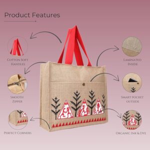 fancy jute hand bag with big outer pocket, zipper closure, long handles, ideal for shopping, office, lunch, travel & gifting