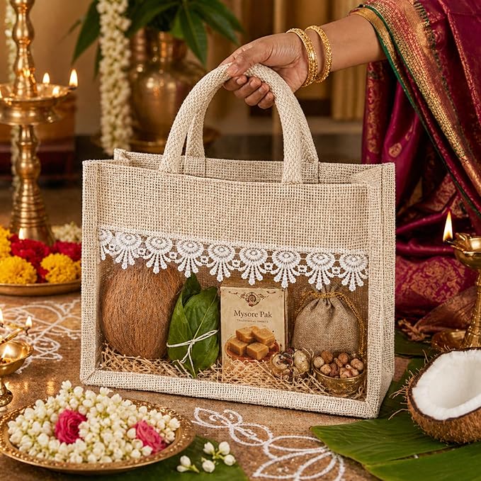 premium jute hamper bag with lace detail & transparent window, natural beige gift tote for wedding return gifts, bridal shower, baby shower, festive packaging, reusable eco friendly carry bag premium jute hamper bag with lace detail & transparent window, natural beige gift tote for wedding return gifts, bridal shower, baby shower, festive packaging, reusable eco friendly carry bag