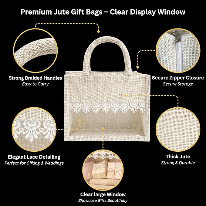 premium jute hamper bag with lace detail & transparent window, natural beige gift tote for wedding return gifts, bridal shower, baby shower, festive packaging, reusable eco friendly carry bag premium jute hamper bag with lace detail & transparent window, natural beige gift tote for wedding return gifts, bridal shower, baby shower, festive packaging, reusable eco friendly carry bag