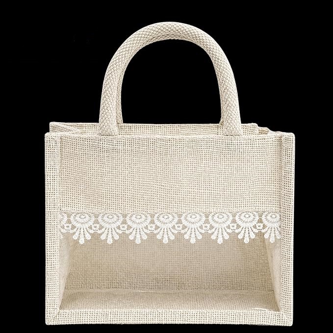 premium jute hamper bag with lace detail & transparent window, natural beige gift tote for wedding return gifts, bridal shower, baby shower, festive packaging, reusable eco friendly carry bag premium jute hamper bag with lace detail & transparent window, natural beige gift tote for wedding return gifts, bridal shower, baby shower, festive packaging, reusable eco friendly carry bag
